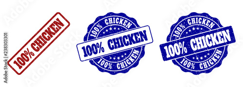 100% CHICKEN grunge stamp seals in red and blue colors. Vector 100% CHICKEN signs with grunge texture. Graphic elements are rounded rectangles, rosettes, circles and text tags.