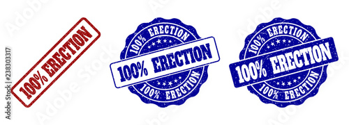 100% ERECTION grunge stamp seals in red and blue colors. Vector 100% ERECTION watermarks with grunge style. Graphic elements are rounded rectangles, rosettes, circles and text captions.