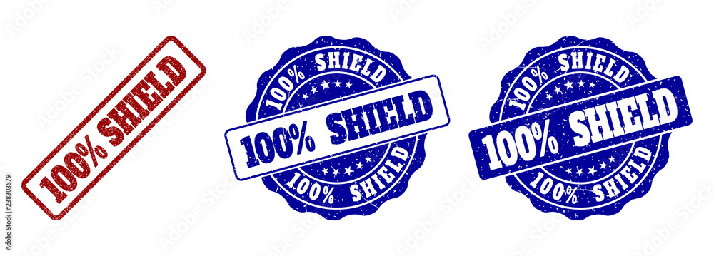 Obraz premium 100% SHIELD grunge stamp seals in red and blue colors. Vector 100% SHIELD labels with grunge effect. Graphic elements are rounded rectangles, rosettes, circles and text titles.