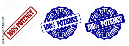 100% POTENCY grunge stamp seals in red and blue colors. Vector 100% POTENCY imprints with scratced surface. Graphic elements are rounded rectangles, rosettes, circles and text captions.
