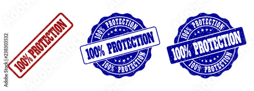 100% PROTECTION grunge stamp seals in red and blue colors. Vector 100% PROTECTION overlays with grunge style. Graphic elements are rounded rectangles, rosettes, circles and text titles.