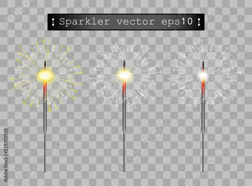 Illustration of sparkler, Bengali or Indian realistic fireworks, fire, pyrotechnics. New year, Christmas, Birthday. The element is isolated on a transparent background.