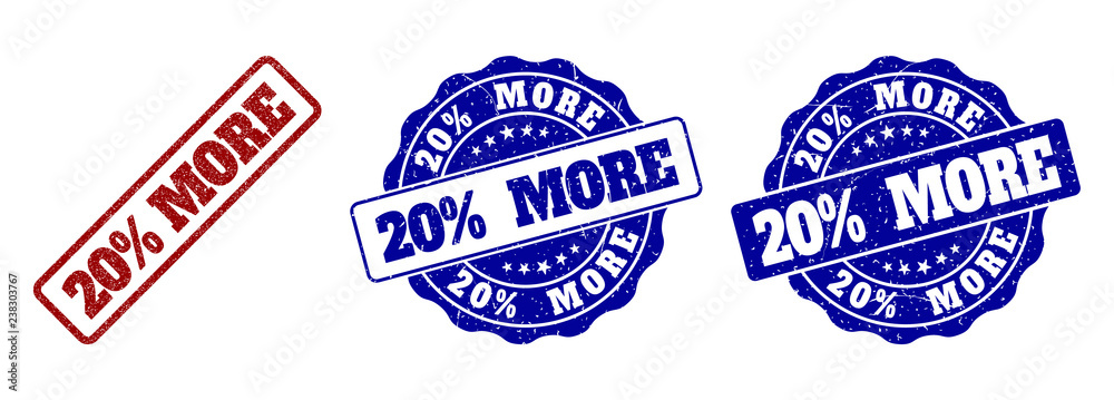 20% MORE grunge stamp seals in red and blue colors. Vector 20% MORE marks with grunge texture. Graphic elements are rounded rectangles, rosettes, circles and text captions.
