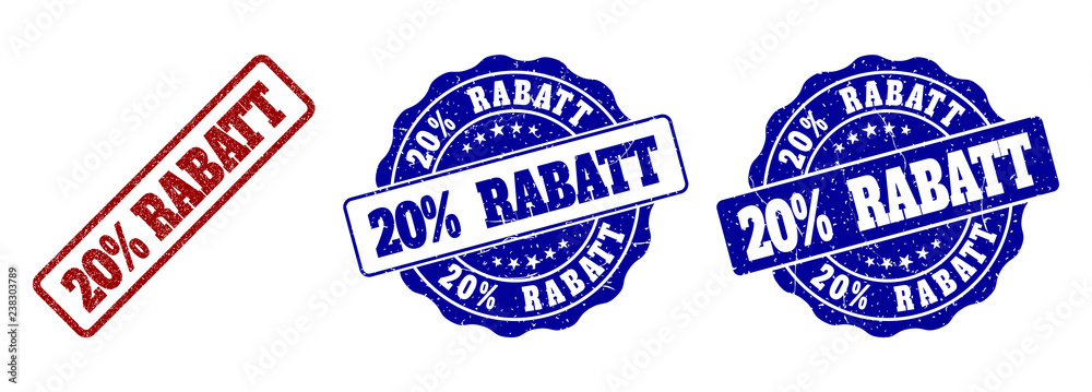 20% RABATT grunge stamp seals in red and blue colors. Vector 20% RABATT signs with grunge effect. Graphic elements are rounded rectangles, rosettes, circles and text tags.