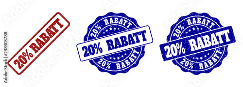20% RABATT grunge stamp seals in red and blue colors. Vector 20% RABATT signs with grunge effect. Graphic elements are rounded rectangles, rosettes, circles and text tags.