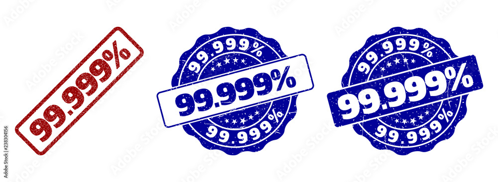 Obraz premium 99.999% scratched stamp seals in red and blue colors. Vector 99.999% labels with distress texture. Graphic elements are rounded rectangles, rosettes, circles and text labels.