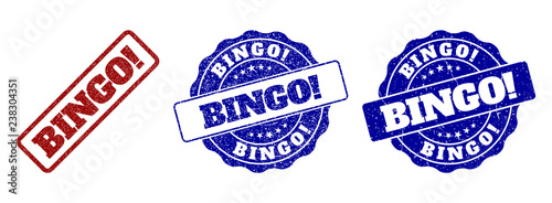 BINGO! scratched stamp seals in red and blue colors. Vector BINGO! labels with dirty texture. Graphic elements are rounded rectangles, rosettes, circles and text labels.