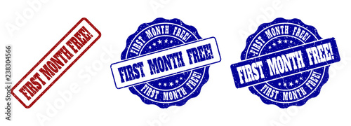 FIRST MONTH FREE! grunge stamp seals in red and blue colors. Vector FIRST MONTH FREE! marks with distress texture. Graphic elements are rounded rectangles, rosettes, circles and text captions.