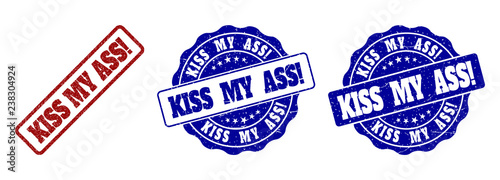 KISS MY ASS! grunge stamp seals in red and blue colors. Vector KISS MY ASS! marks with grunge style. Graphic elements are rounded rectangles, rosettes, circles and text tags.
