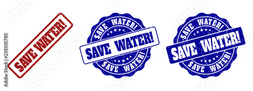SAVE WATER! scratched stamp seals in red and blue colors. Vector SAVE WATER! labels with distress effect. Graphic elements are rounded rectangles, rosettes, circles and text labels.