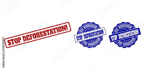 STOP DEFORESTATION! scratched stamp seals in red and blue colors. Vector STOP DEFORESTATION! labels with scratced style. Graphic elements are rounded rectangles, rosettes, circles and text labels.