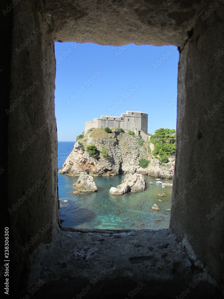 Fort Lovrijenac view from the loophole in Dubrovnik old town wall, Croatia