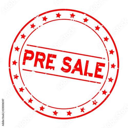 Grunge red pre sale word with star icon round rubber seal stamp on white background