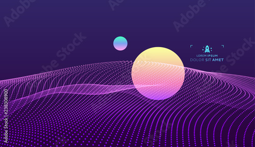 Landscape background. Terrain. Cyberspace grid. 3d technology vector illustration with particle.