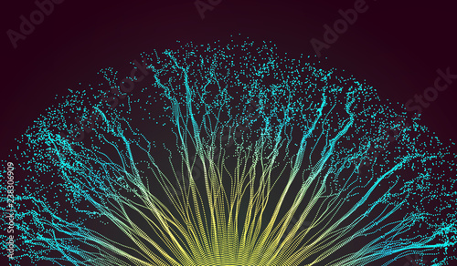 Point explode. Array with dynamic emitted particles. 3d technology style. Abstract background. Vector illustration.