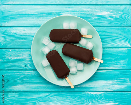 chocolate ice cream on a light blue background