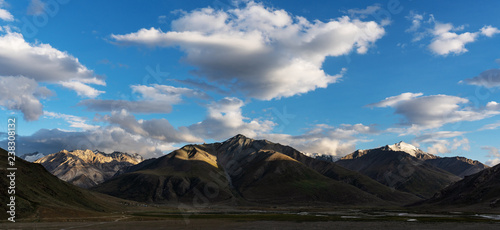 Panoramic mountain landscapes with blue sky and white clouds at Zanskar valley in northern India