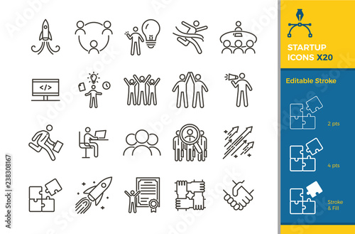 Startup Icon Set. 20 Vector illustration elements with editable stroke for business, career, motivation, success, entrepreneurship, teamwork