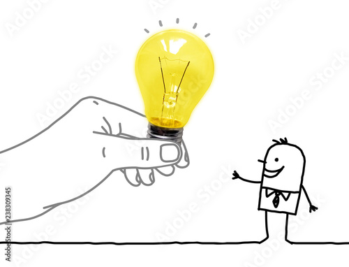 Cartoon Big Hand Giving a Light Bulb to a Cartoon Man