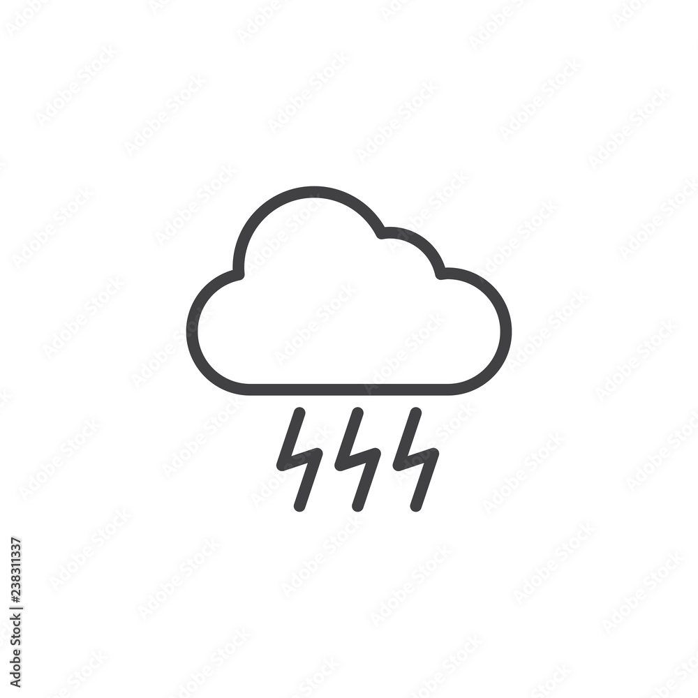 Thunder cloud outline icon. linear style sign for mobile concept and web design. Cloudy thunderstorm weather simple line vector icon. Symbol, logo illustration. Pixel perfect vector graphics Thunder cloud outline icon. linear style sign for mobile concept and web design. Cloudy thunderstorm weather simple line vector icon. Symbol, logo illustration. Pixel perfect vector graphics
