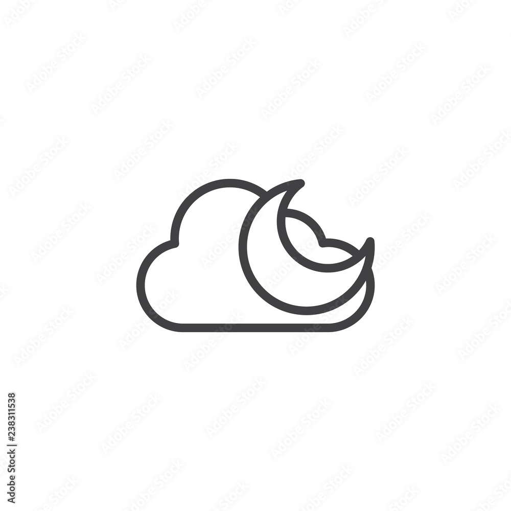 Obraz premium Cloud and crescent moon outline icon. linear style sign for mobile concept and web design. Cloudy night weather simple line vector icon. Symbol, logo illustration. Pixel perfect vector graphics