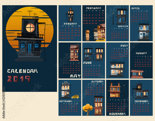 calendar New Years 2019 spooky building vector illustration