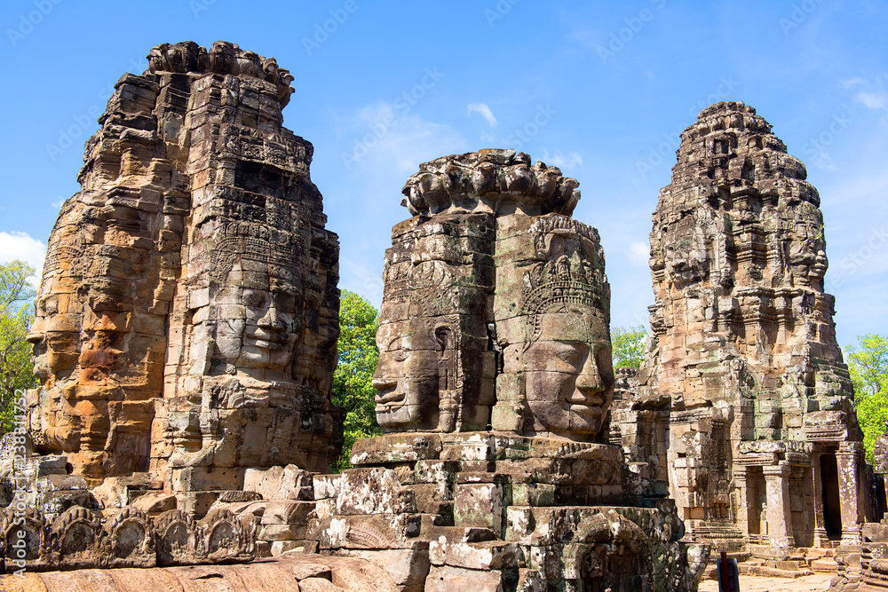 Faces of Bayon temple in Angkor Thom, Siemreap, Cambodia. The Prasat Bayon  is a richly decorated Khmer temple at Angkor , ancient architecture in Cambodia