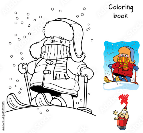 Little boy skiing. Winter holiday. Coloring book. Cartoon vector illustration