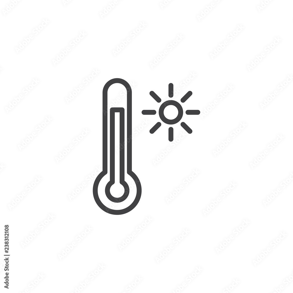 Hot weather temperature outline icon. linear style sign for mobile concept and web design. Thermometer and sun simple line vector icon. Summer symbol, logo illustration. Pixel perfect vector graphics