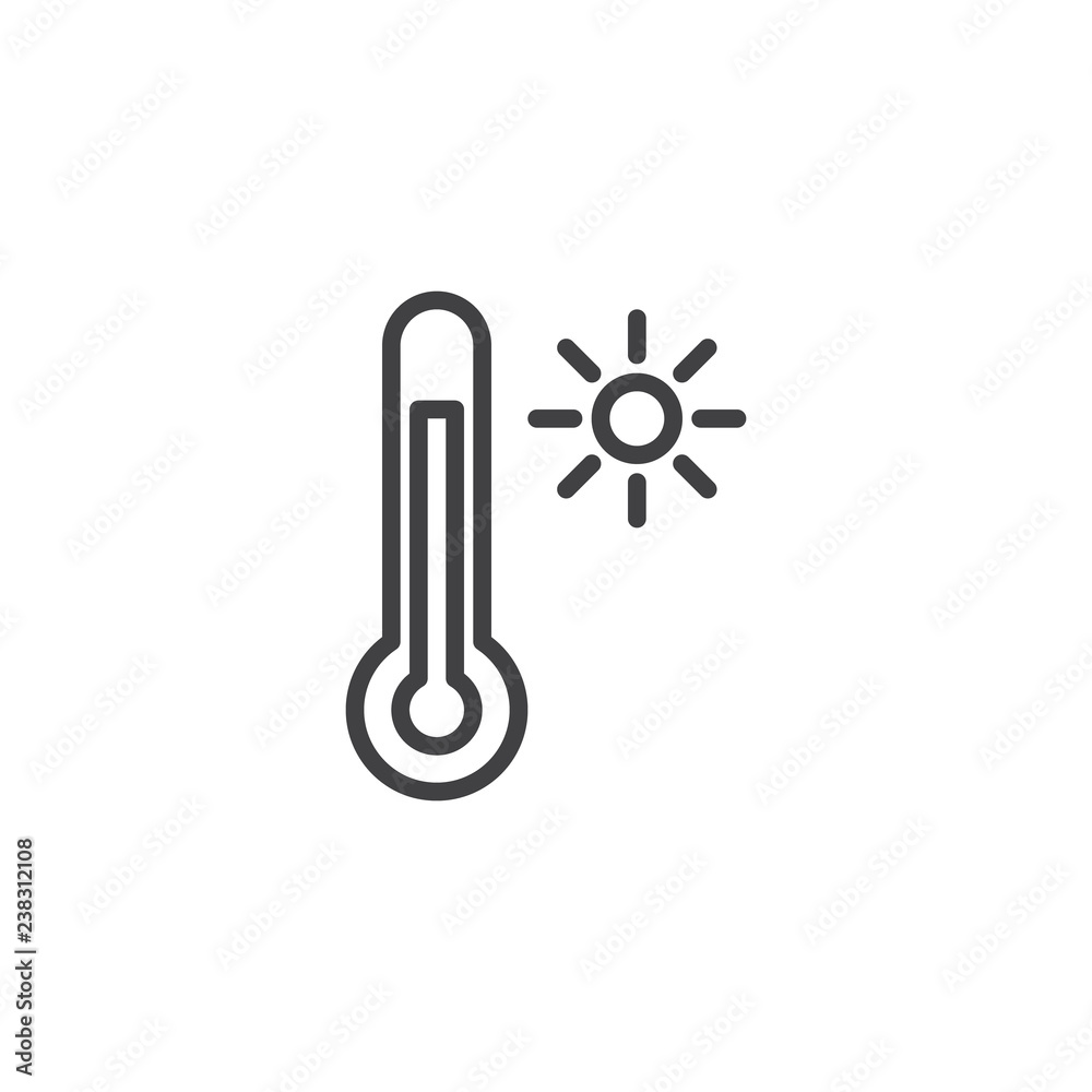 Hot weather temperature outline icon. linear style sign for mobile concept and web design. Thermometer and sun simple line vector icon. Summer symbol, logo illustration. Pixel perfect vector graphics Hot weather temperature outline icon. linear style sign for mobile concept and web design. Thermometer and sun simple line vector icon. Summer symbol, logo illustration. Pixel perfect vector graphics