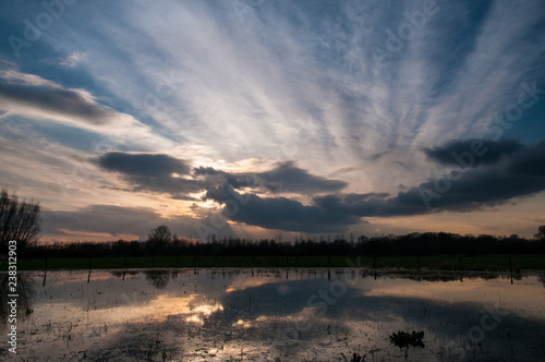 A setting sun being reflected in a pool on a winter evening in east-flanders, near the city of Ghent.