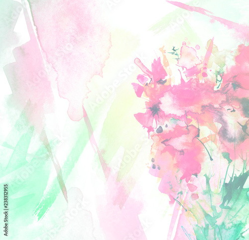 Watercolor bouquet of flowers, Beautiful abstract splash of paint, fashion illustration.Orchid flowers, poppy, cornflower, pink, red, peony, rose, field or garden flowers. Watercolor abstract. 