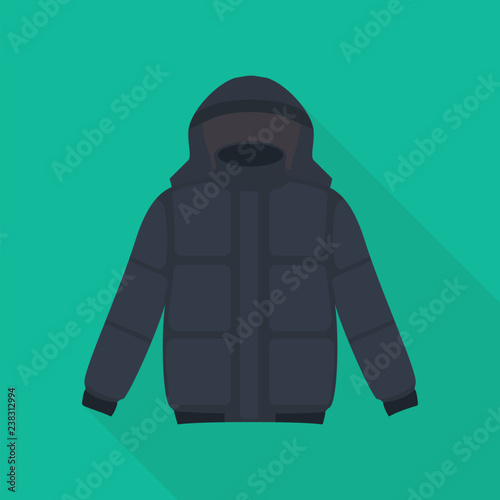 jacket icon in flat style with long shadow, isolated vector illustration on green transparent background. Winter clothing.