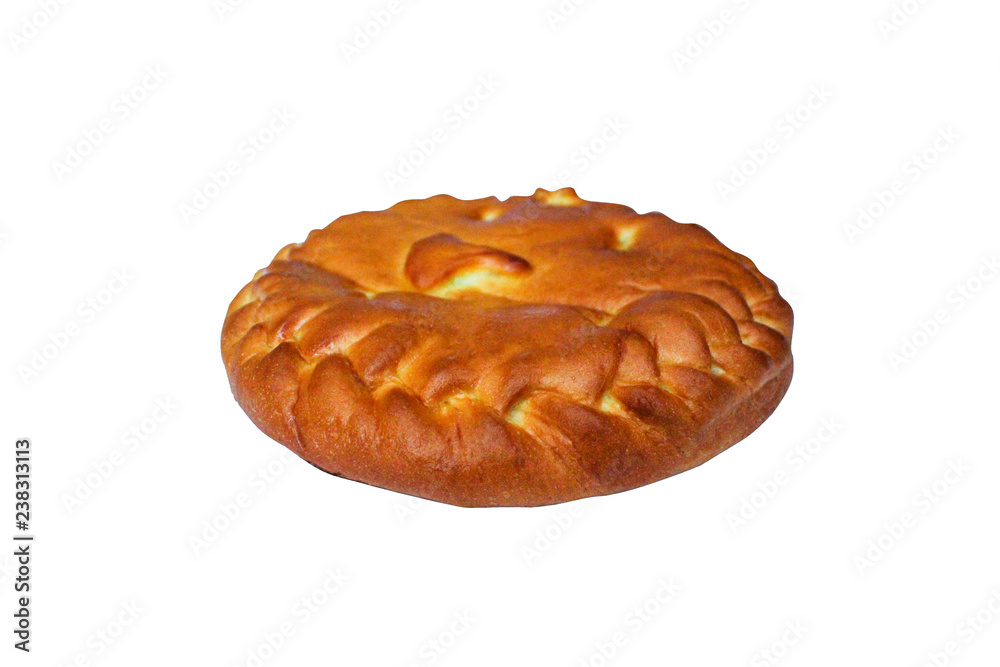 Cabbage round cake with a beautiful brown crust on an isolated background. Cabbage round cake with a beautiful brown crust on an isolated background.