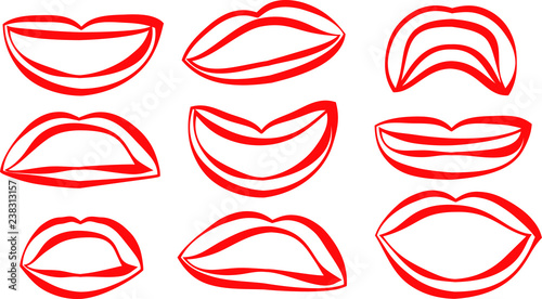 Rich Lady's Red lips Comic style outline set