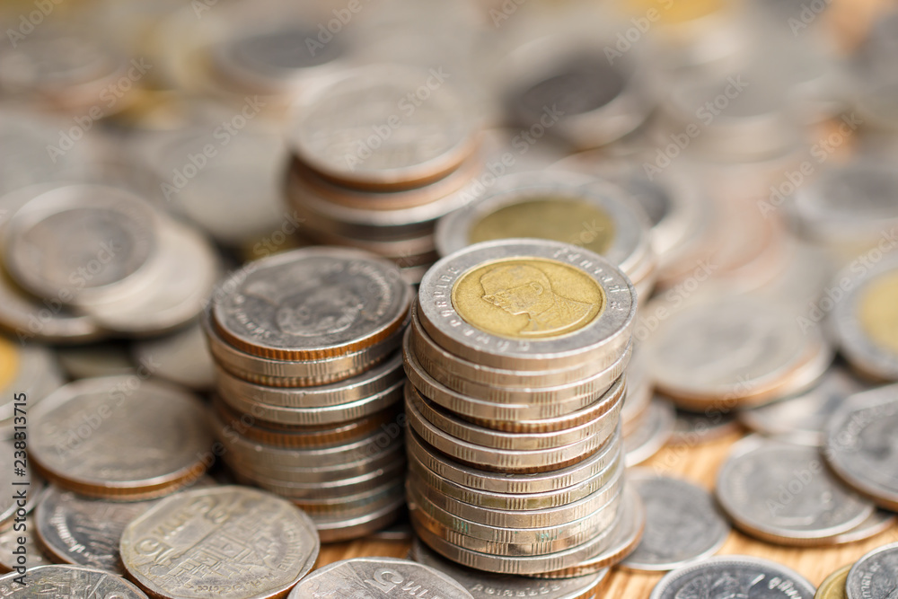 Stack of thai coin (baht) ,selective focus Stack of thai coin (baht) ,selective focus