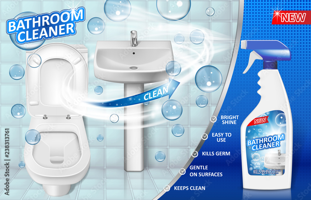 Bathroom cleaners ad poster, spray bottle mockup with liquid soap detergent  for bathroom sink and toilet with bubbles. 3d Vector illustration Stock  Vector