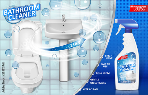 Bathroom cleaners ad poster, spray bottle mockup with liquid soap detergent for bathroom sink and toilet with bubbles. 3d Vector illustration