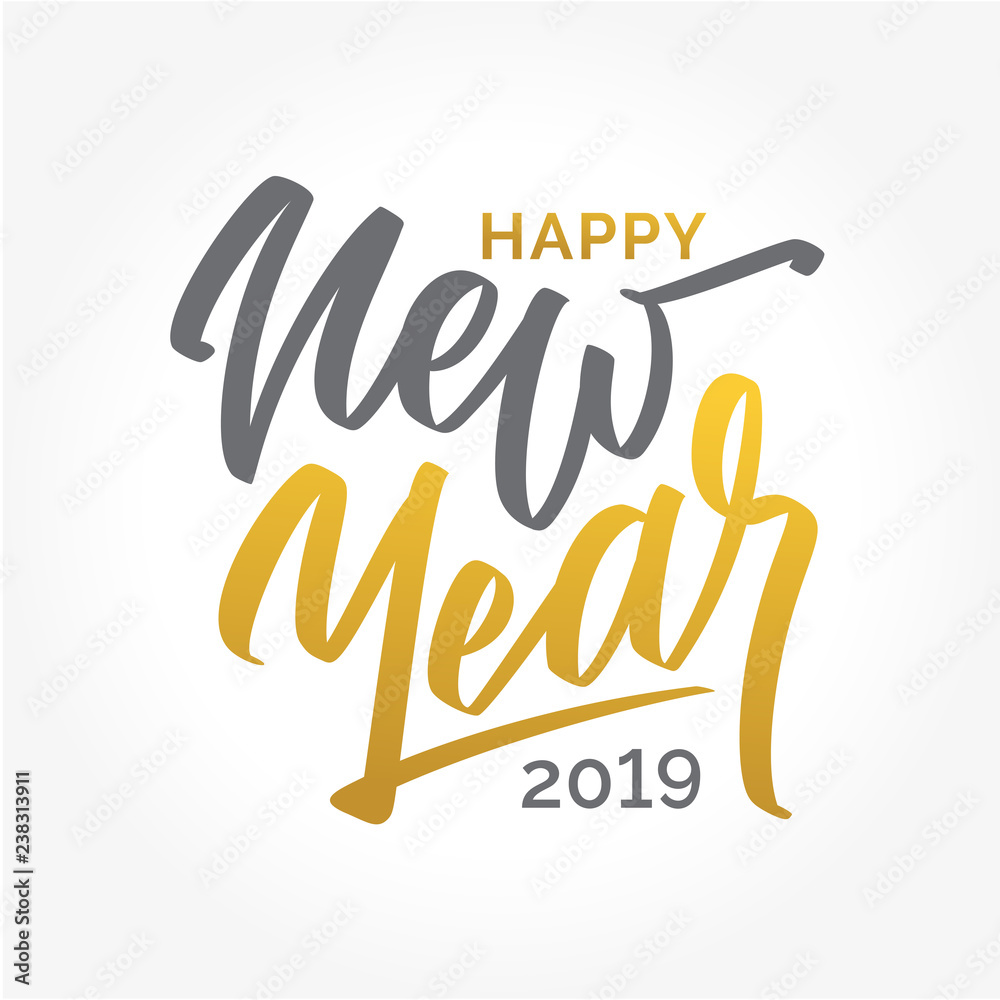 Happy New Year 2019 hand written lettering two colored text, calligraphy. typography. 
