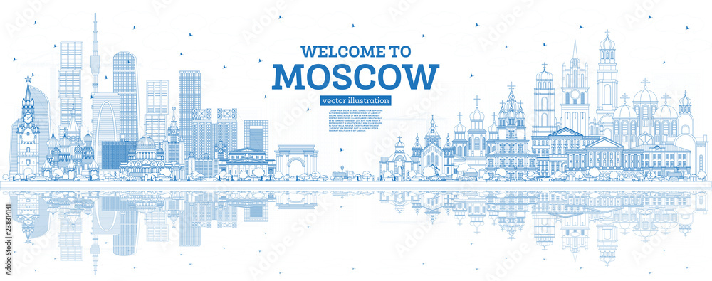 Outline Welcome to Moscow Russia Skyline with Blue Buildings and Reflections. - obrazy, fototapety, plakaty 