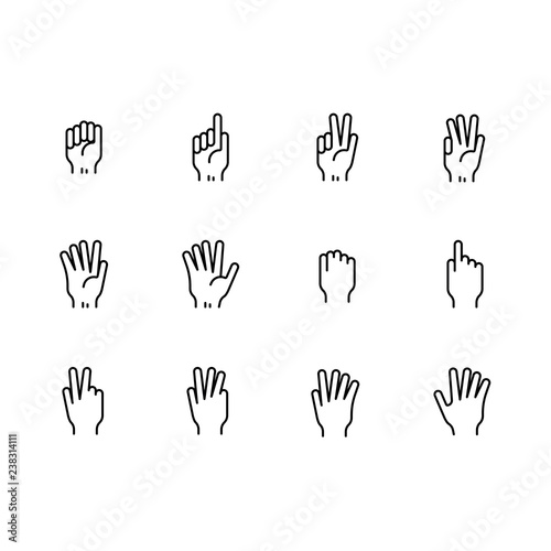 Simple set symbols hand and finge gesture line icon. Contains such icon hand palm, fist, index finger,thumb, victory gesture and other gestures.