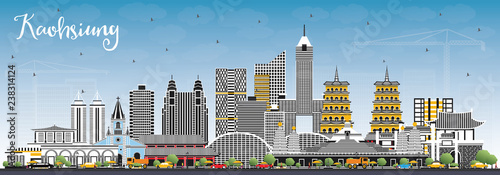 Kaohsiung Taiwan City Skyline with Gray Buildings and Blue Sky.