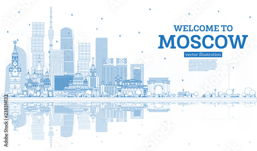 Outline Welcome to Moscow Russia Skyline with Blue Buildings and Reflections.