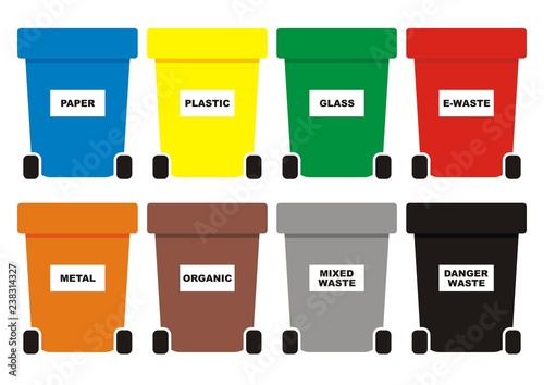 Group of waste cans, eight color containers for waste, vector icon
