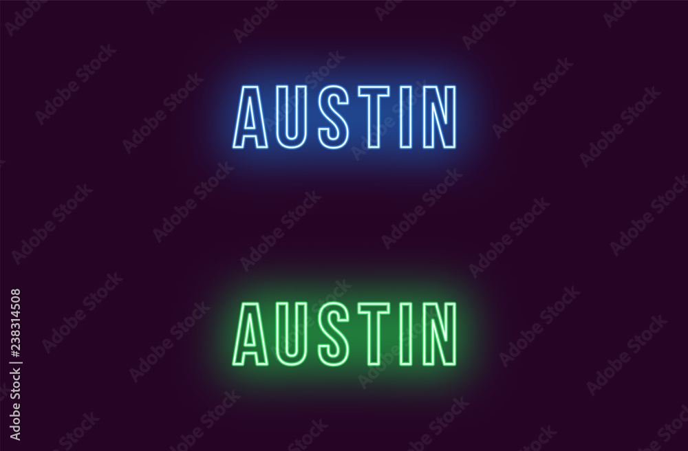 Neon name of Austin city in USA. Vector text Neon name of Austin city in USA. Vector text