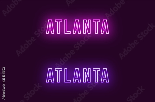 Neon name of Atlanta city in USA. Vector text