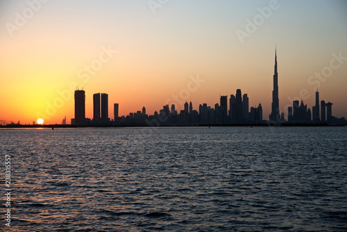 Dubai slyline from Dubai Creek Harbour and Dubai canal to Downtown and Business Bay  United Arab Emirates