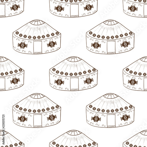 Yurt. Background, wallpaper, seamless. Sketch doodle. monochromatic