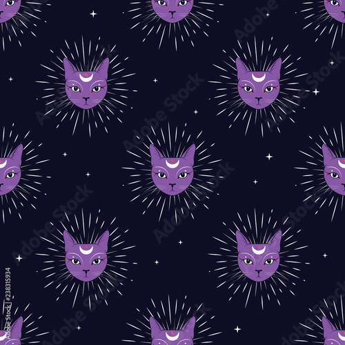 Violet cat face with moon on night sky seamless pattern background. Cute magic, occult design.