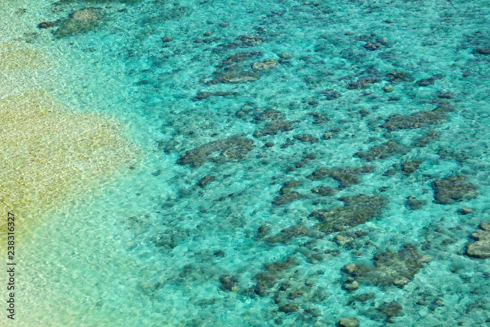 Aerial view of coral sea at Kafu-Banta in Miyagi-Island, Okinawa, Japan